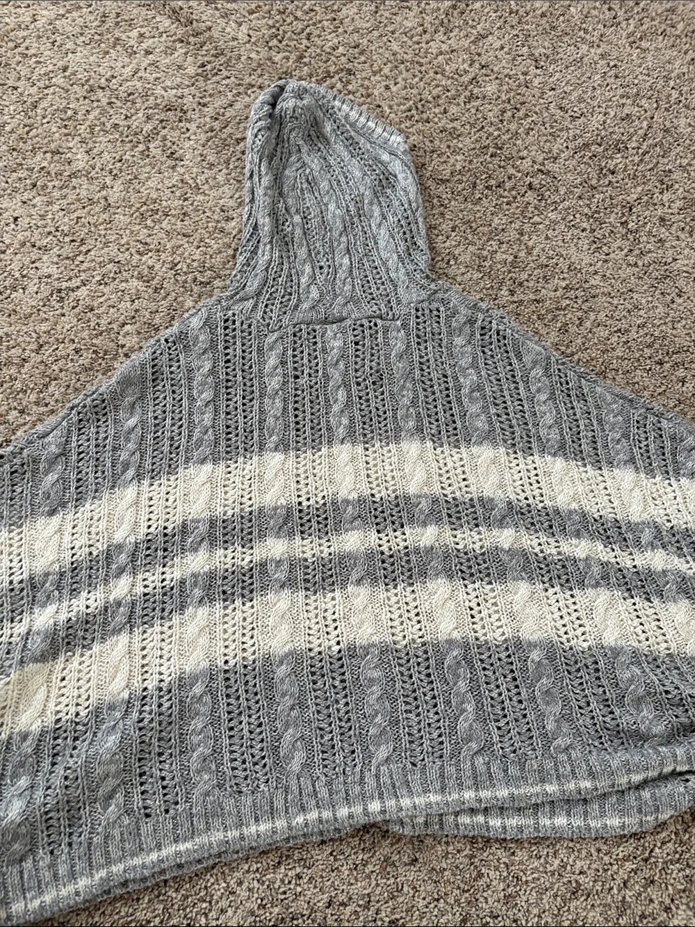 Girl's Hooded Knit poncho in Gray and Cream
